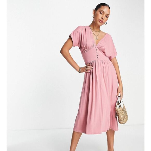 ASOS DESIGN waisted midi tea dress with buttons in pink size 4 NWOT - Picture 1 of 12
